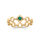 Bague anneau maillons ronds et pierre vert intense en losange en plaqué or