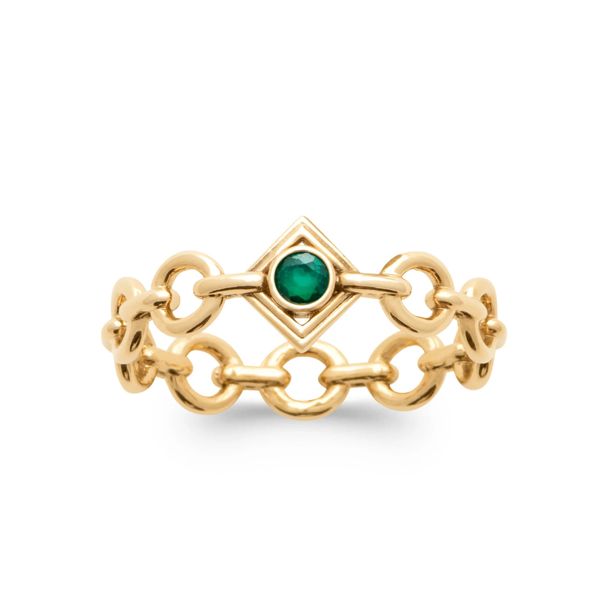 Bague anneau maillons ronds et pierre vert intense en losange en plaqué or