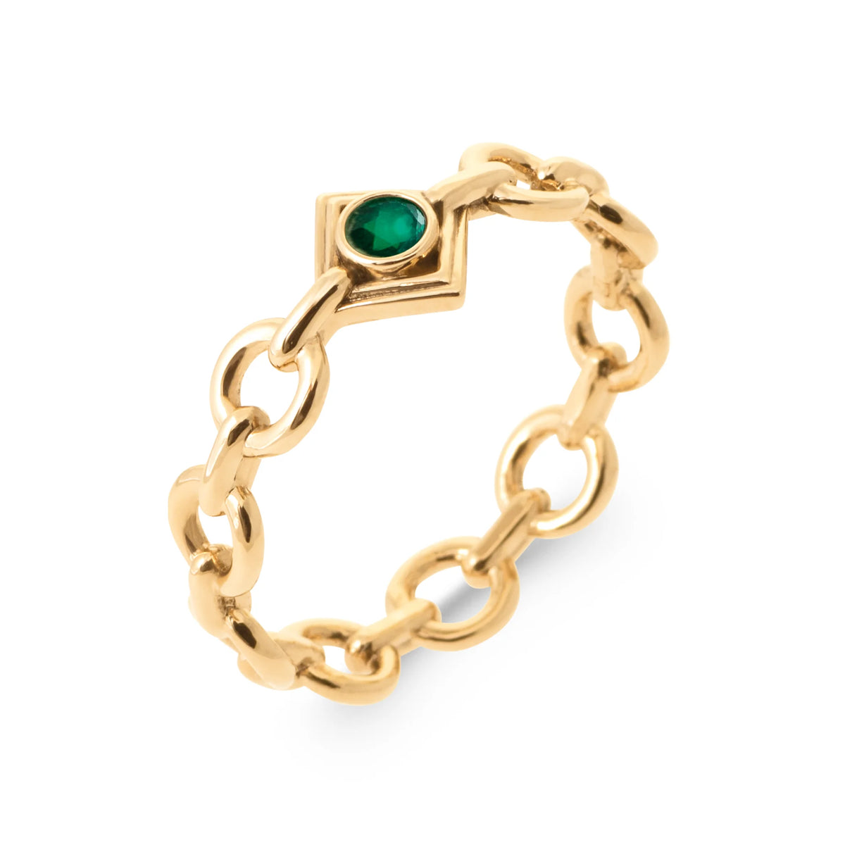 Bague anneau maillons ronds et pierre vert intense en losange en plaqué or