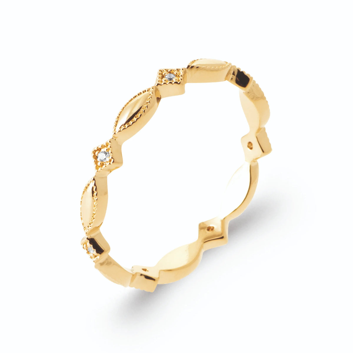 Bague anneau navettes et pastilles alternées serties de zircons en plaqué or