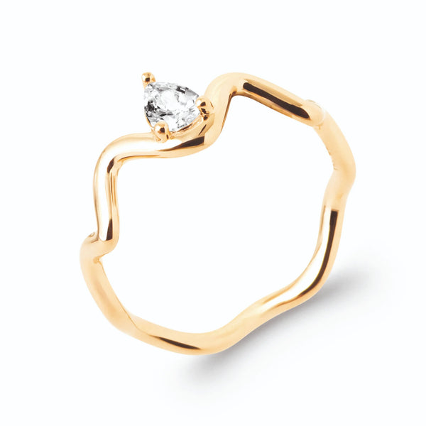 Bague anneau ondulé zircon poire solitaire en plaqué or