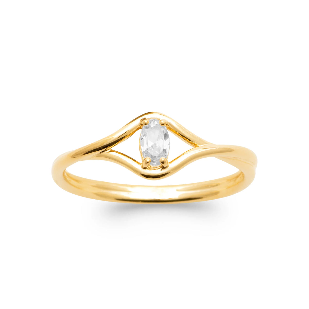 Bague anneau ouvert en goutte et zircon navette plaqué or, vue de face