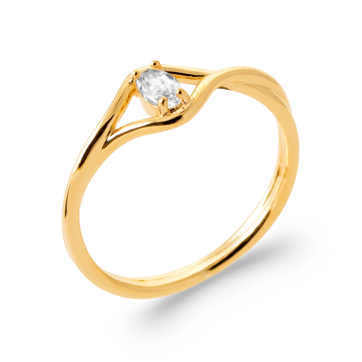 Bague anneau ouvert en goutte et zircon navette en plaqué or, vue de trois quarts
