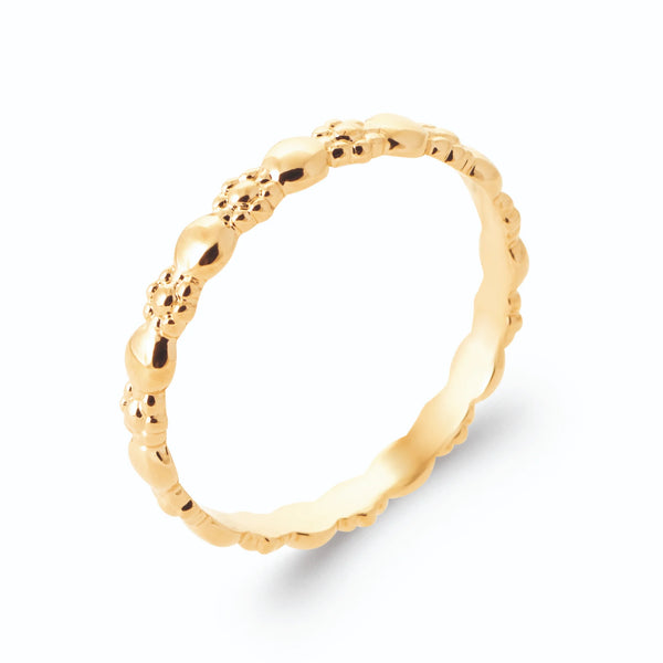 Bague anneau perlé de billes d’or alternées en plaqué or, vue de trois quarts