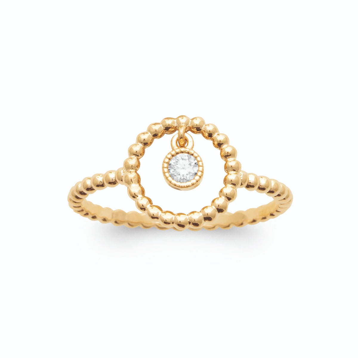 Bague anneau perlé cercle ouvert et zircon suspendu plaqué or, vue de face