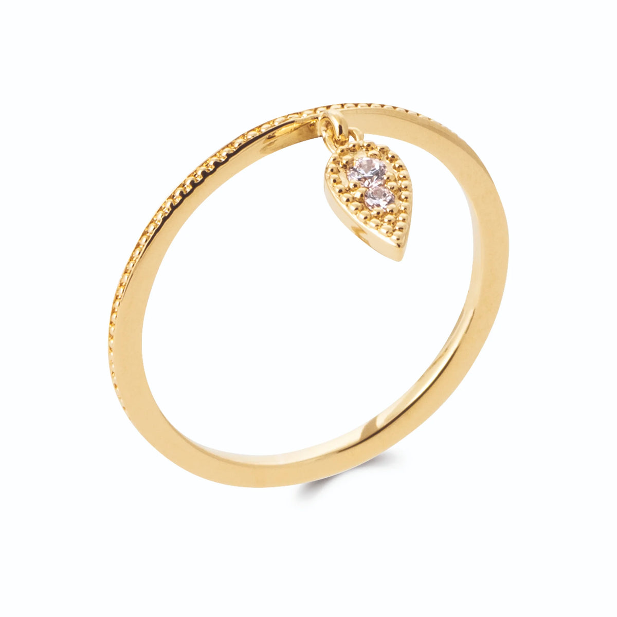 Bague anneau perlé et goutte pavée de zircons en pampille en plaqué or