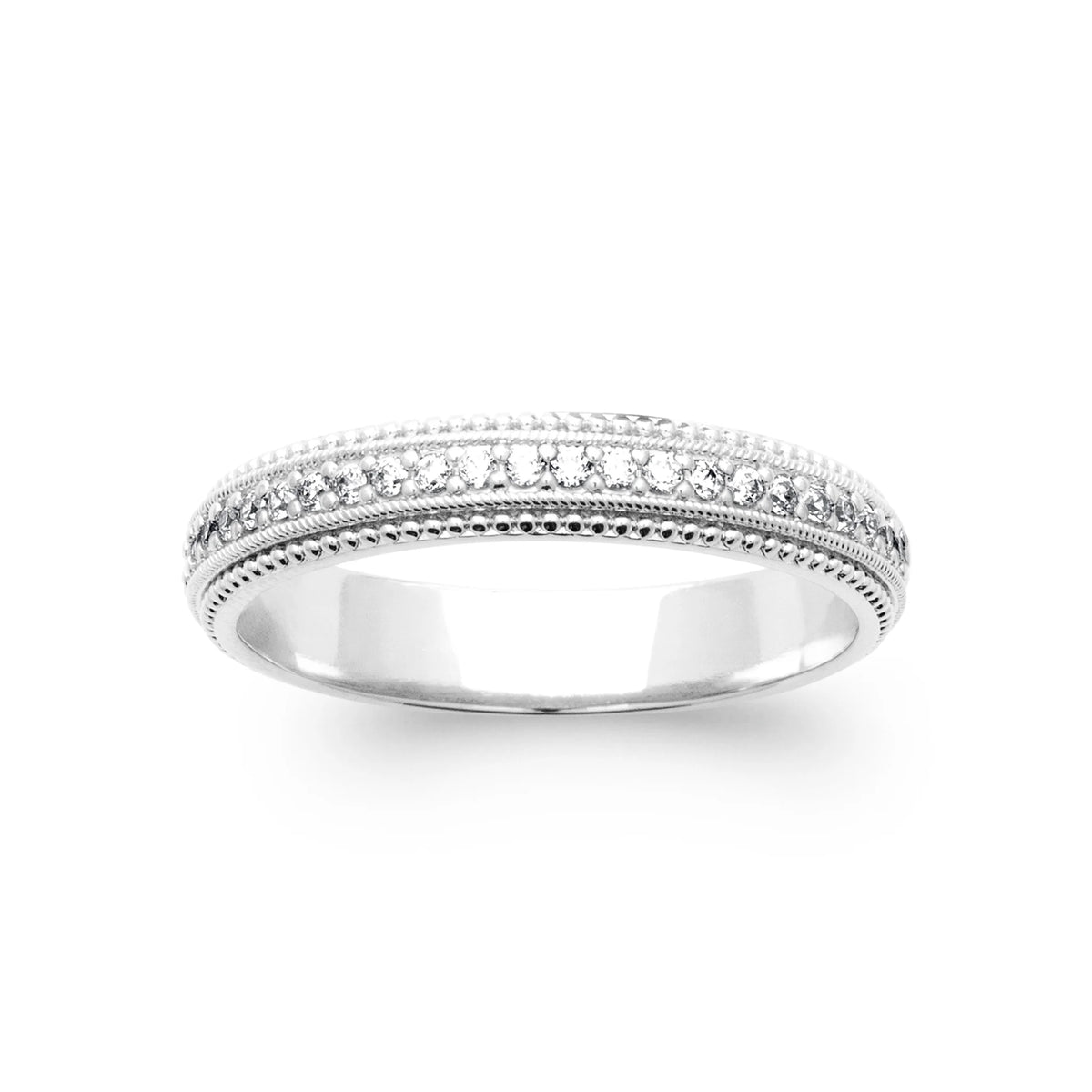 Bague anneau perlé et ligne de zircons en argent 925