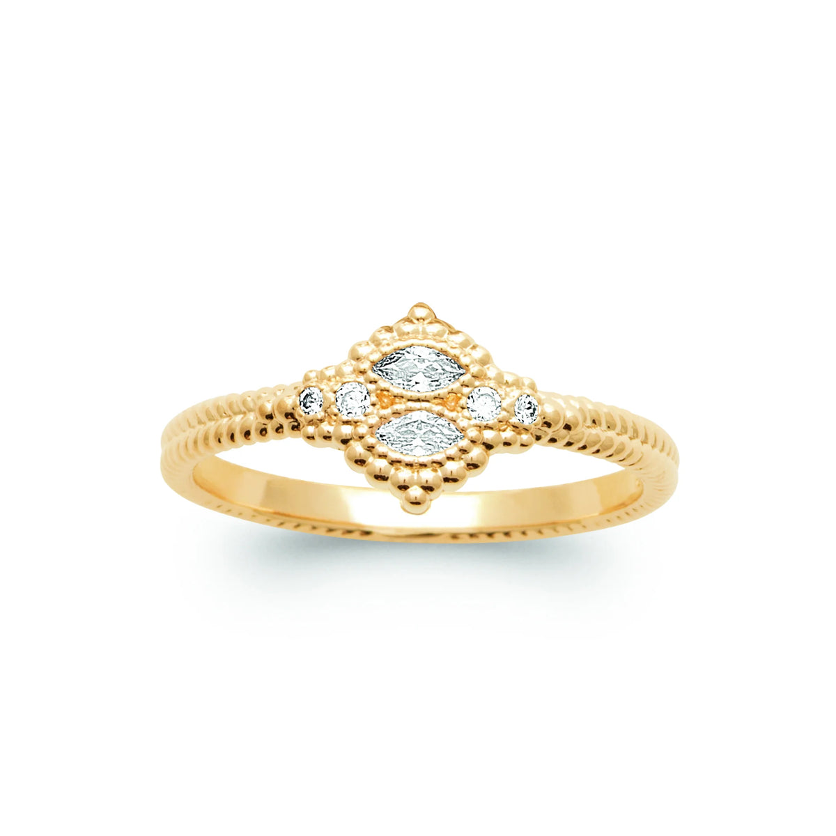 Bague anneau perlé motif losange zircons navettes plaqué or, vue de face