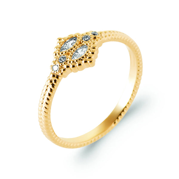 Bague anneau perlé motif losange zircons navettes en plaqué or, vue de trois quarts