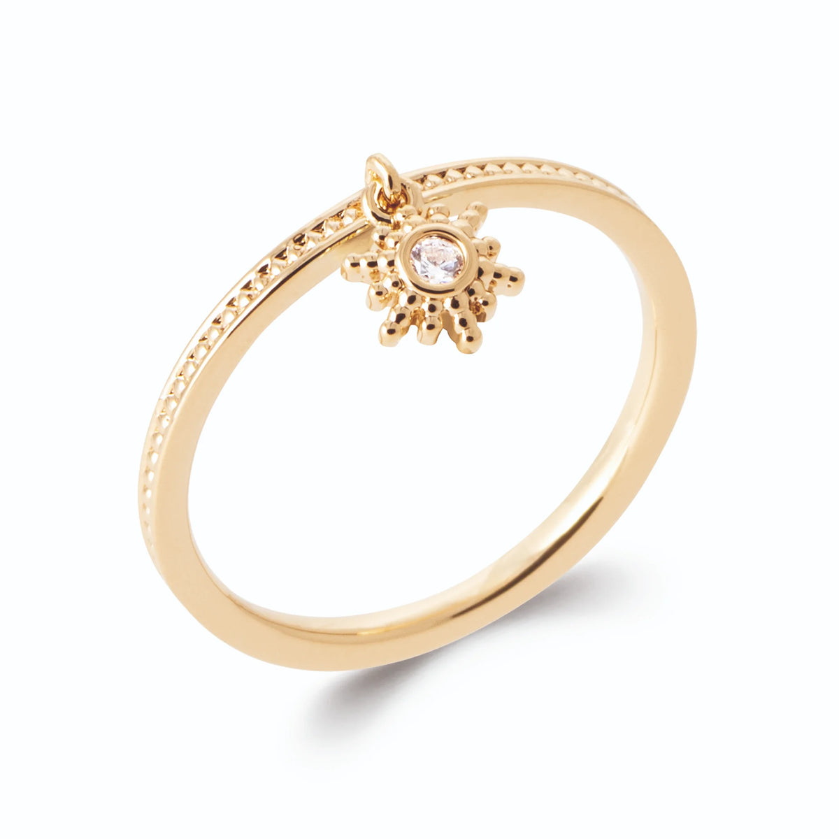 Bague anneau perlé et petit soleil perlé en pampille en plaqué or