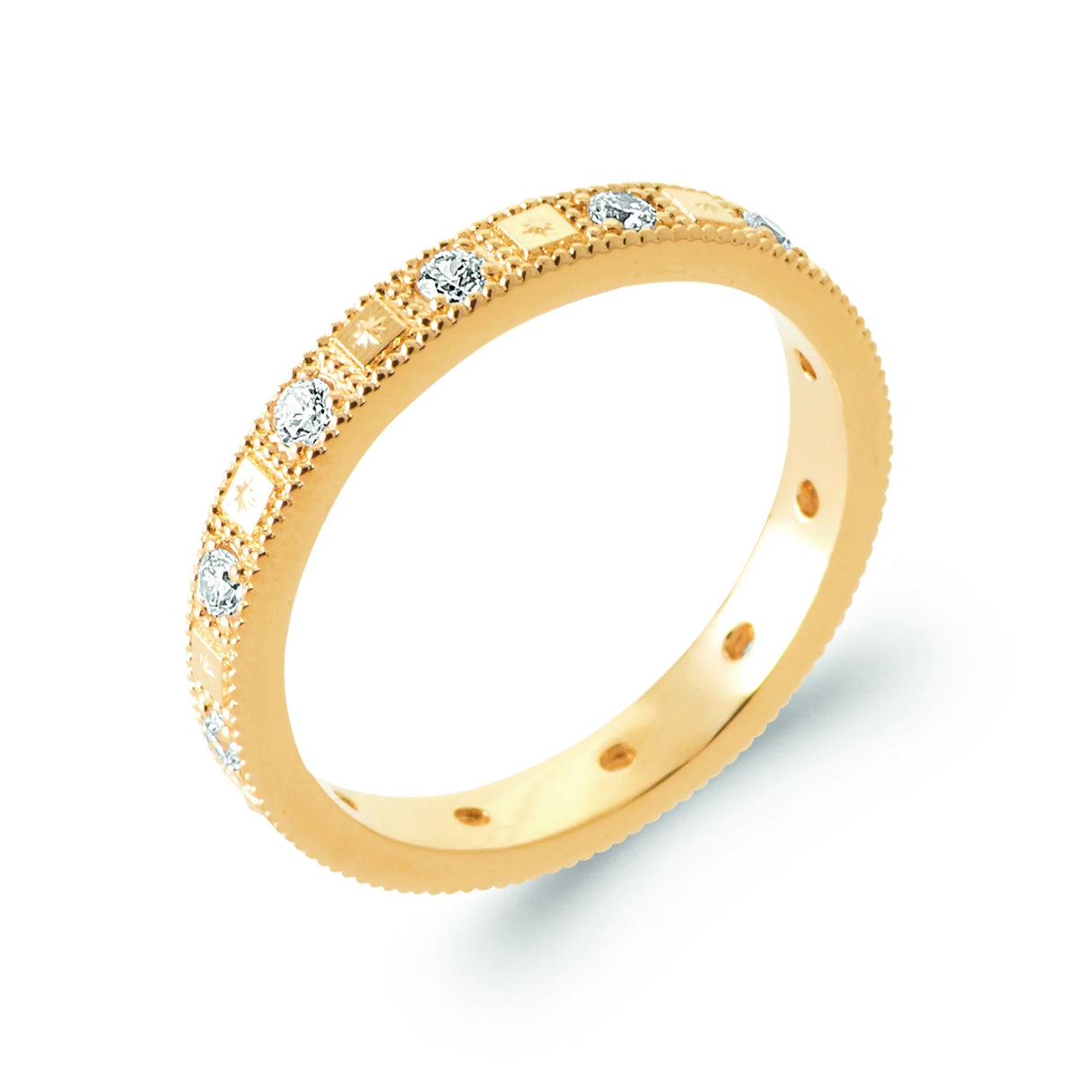 Bague anneau plat bords perlés tour de zircons en plaqué or, vue de trois quarts