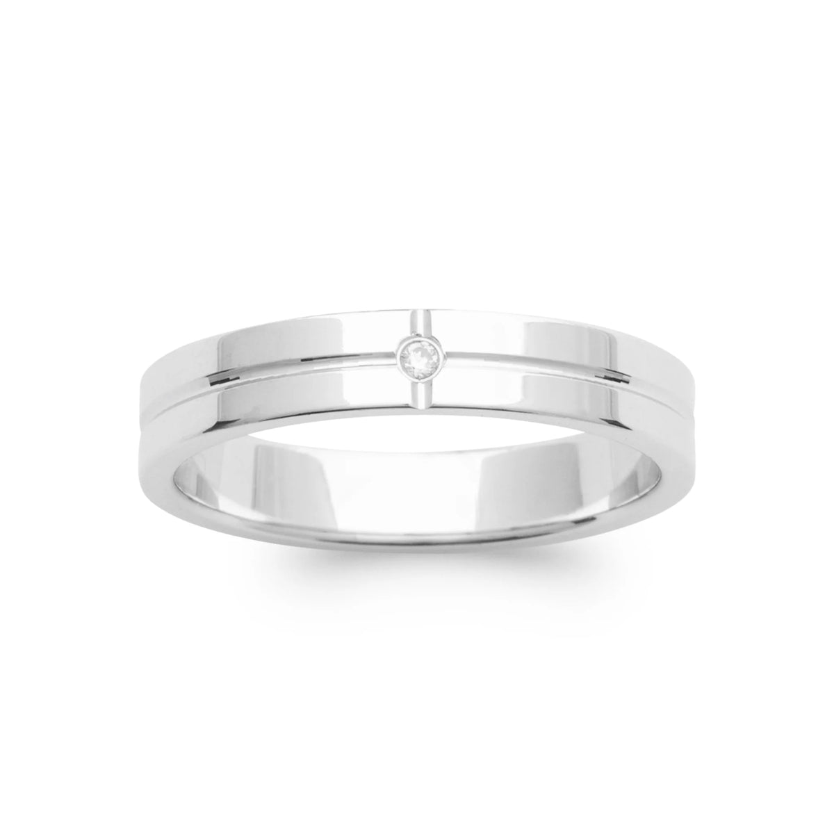 Bague anneau plat rainuré et zircon en argent 925