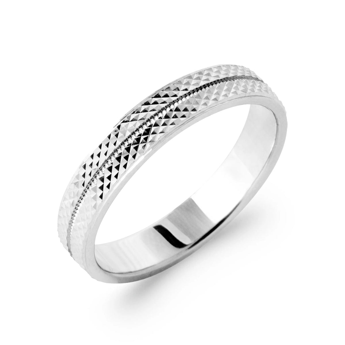 Bague anneau pointes de diamant et lignes perlées en argent 925 rhodié homme