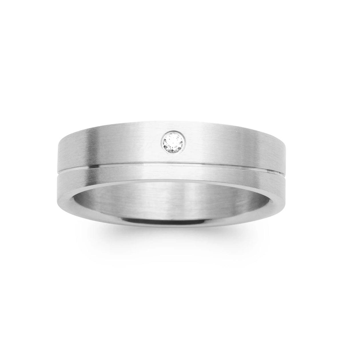 Bague anneau rainuré serti d’un zircon blanc en acier homme vu de profil