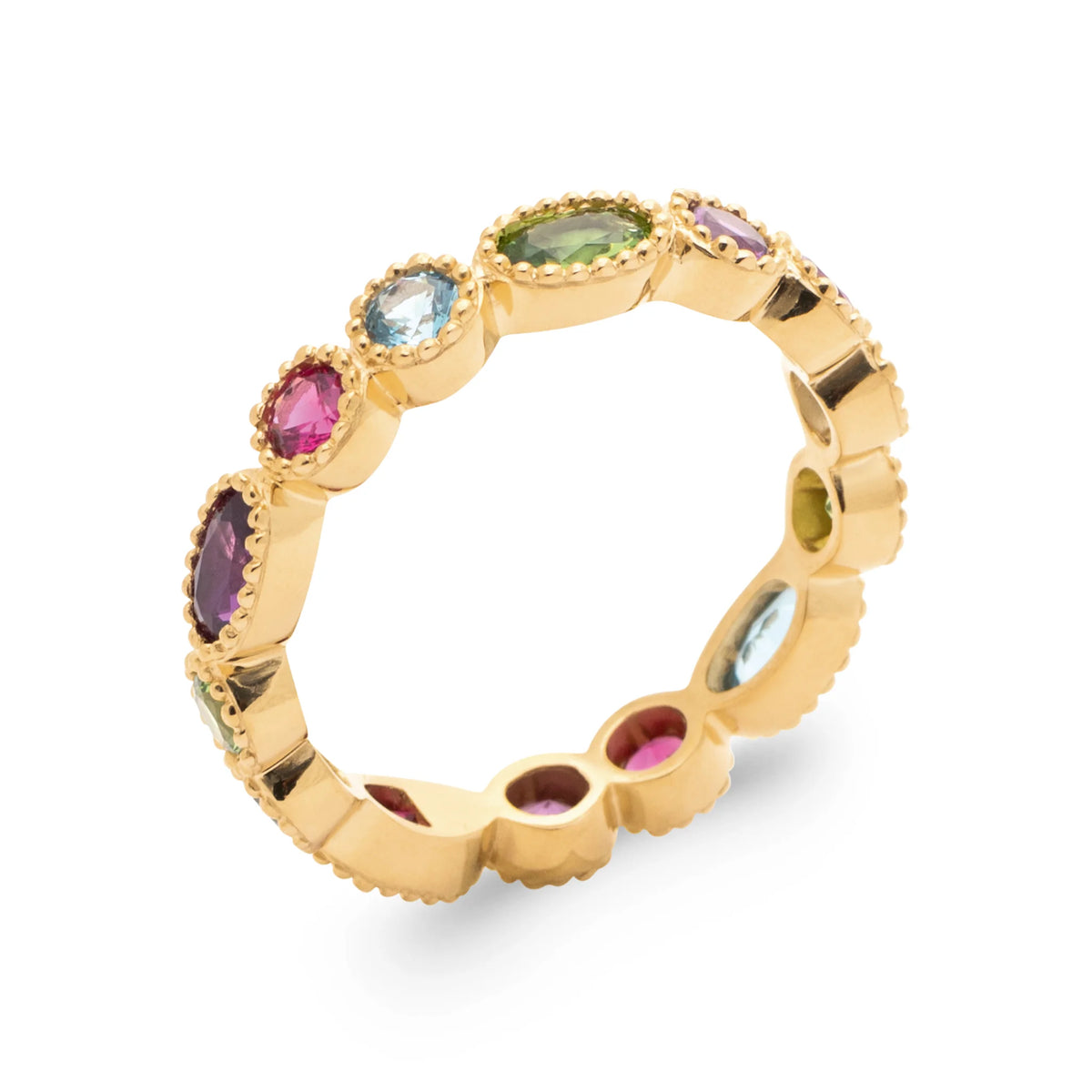 Bague anneau serti de pierres navettes et ovales multicolores en plaqué or