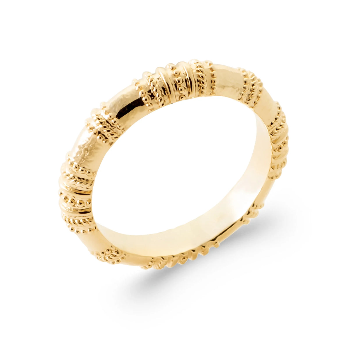 Bague anneau strié de rainures et grains d’or en plaqué or
