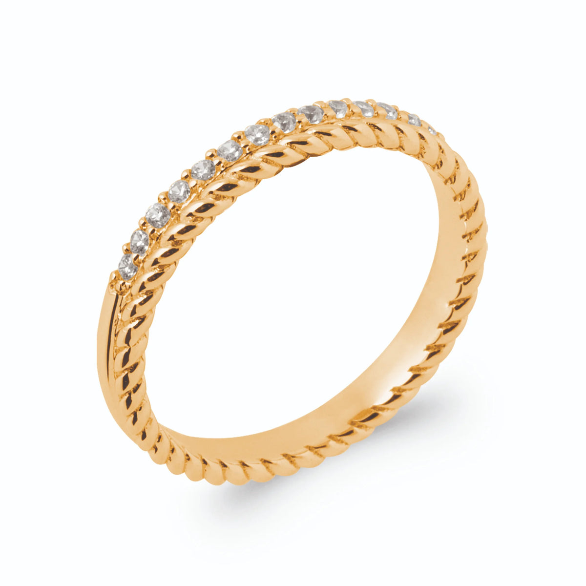 Bague anneau torsadé souligné d’une ligne de zircons en plaqué or