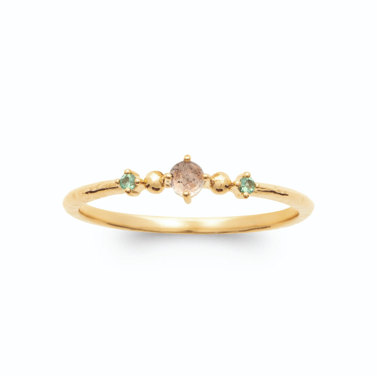 Bague anneau très fin pierre rose champagne et pierres vertes en plaqué or
