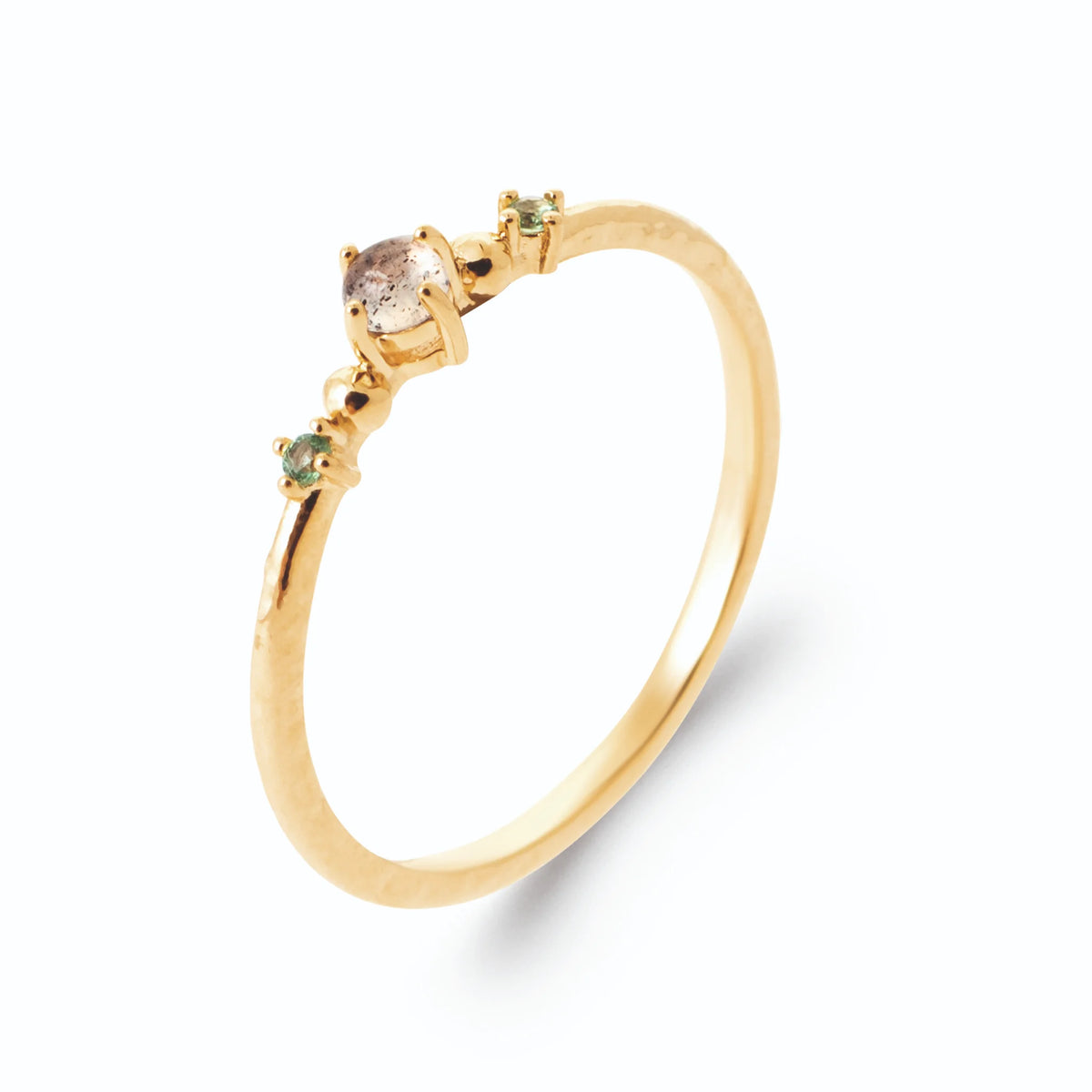 Bague anneau très fin pierre rose champagne et pierres vertes en plaqué or