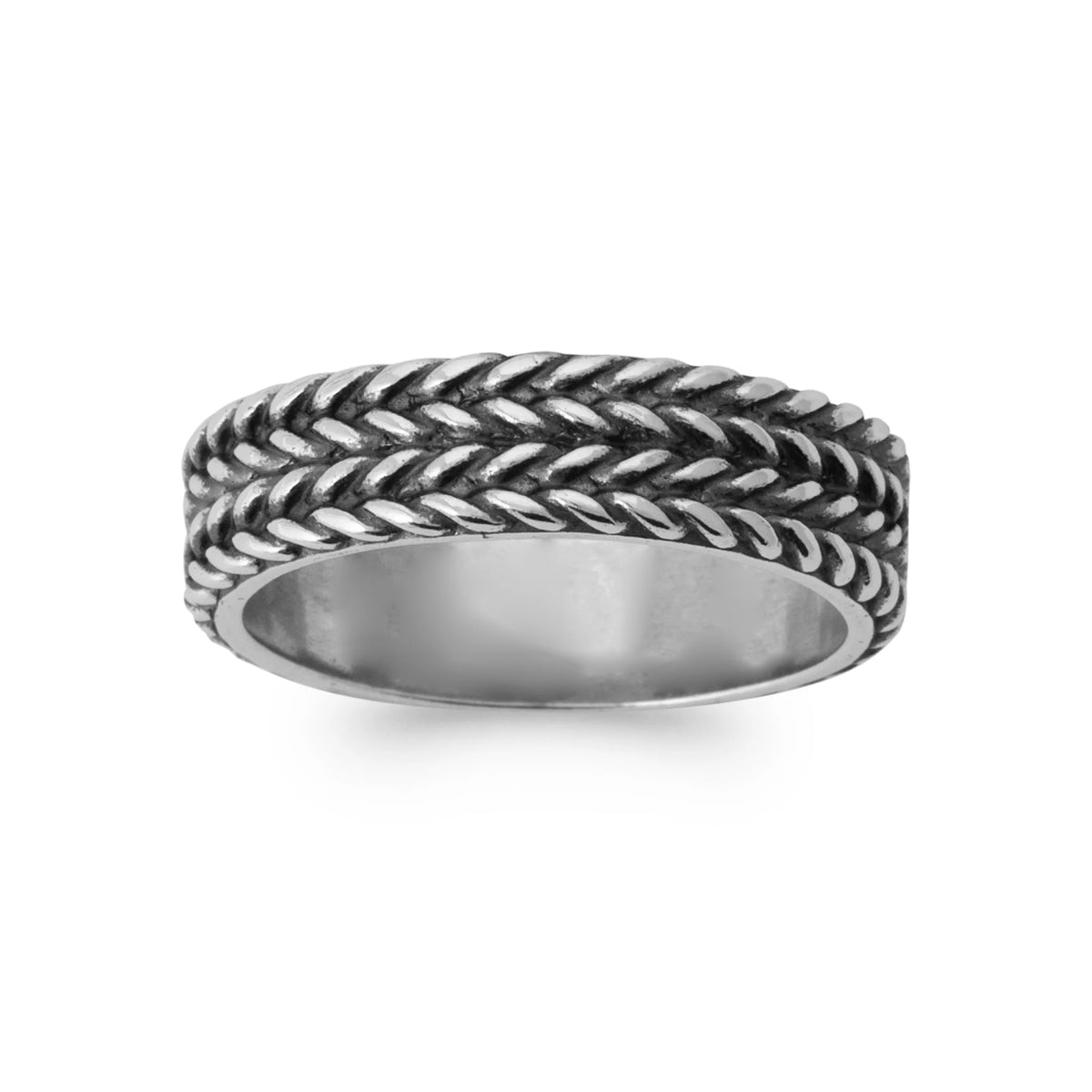Bague anneau tressé en épi en argent 925 homme vu de profil