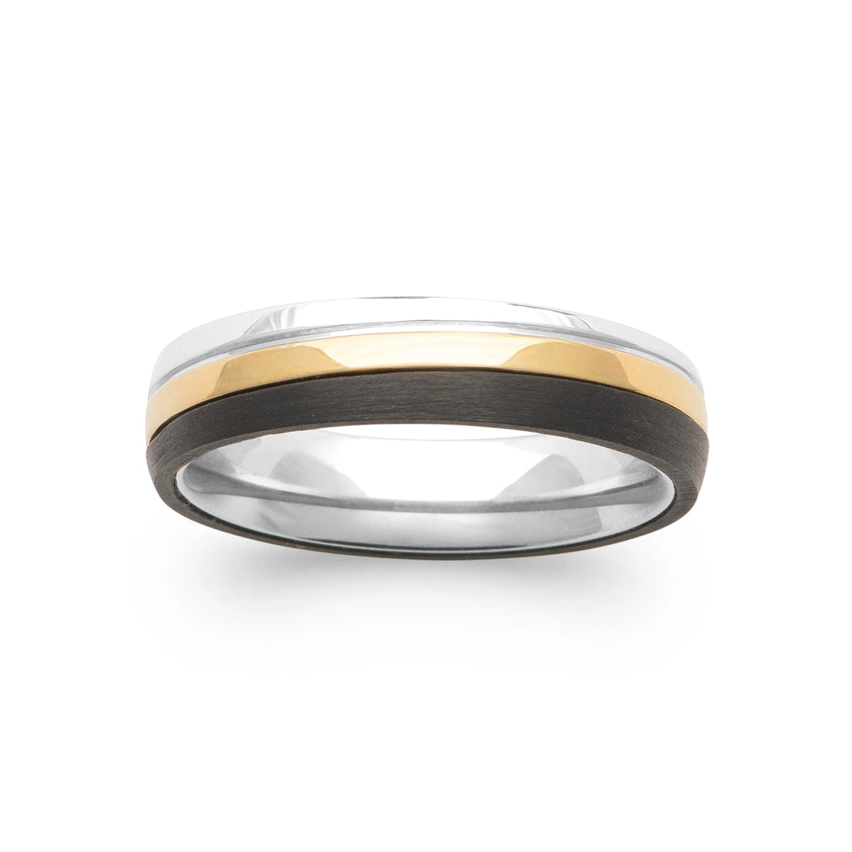 Bague anneau tricolore en acier noir et PVD doré homme
