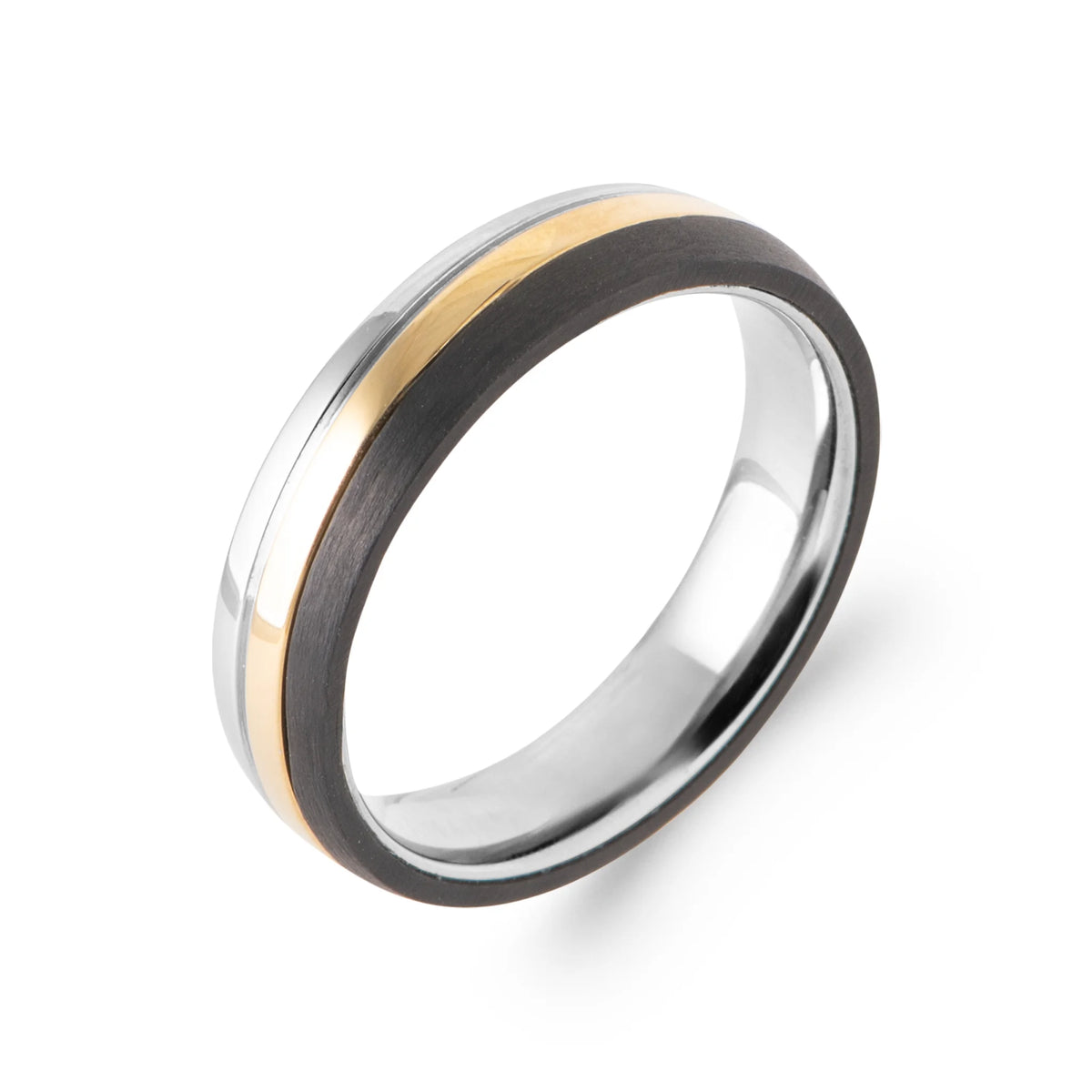 Bague anneau tricolore en acier noir et PVD doré homme
