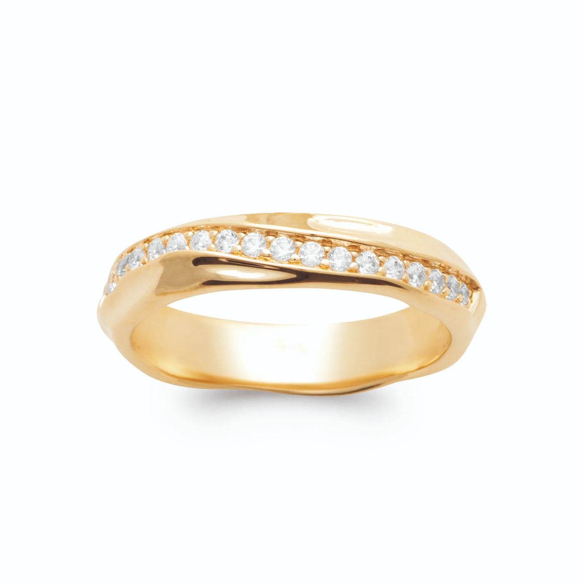 Bague anneau vrillé et ligne de zircons plaqué or, vue de face