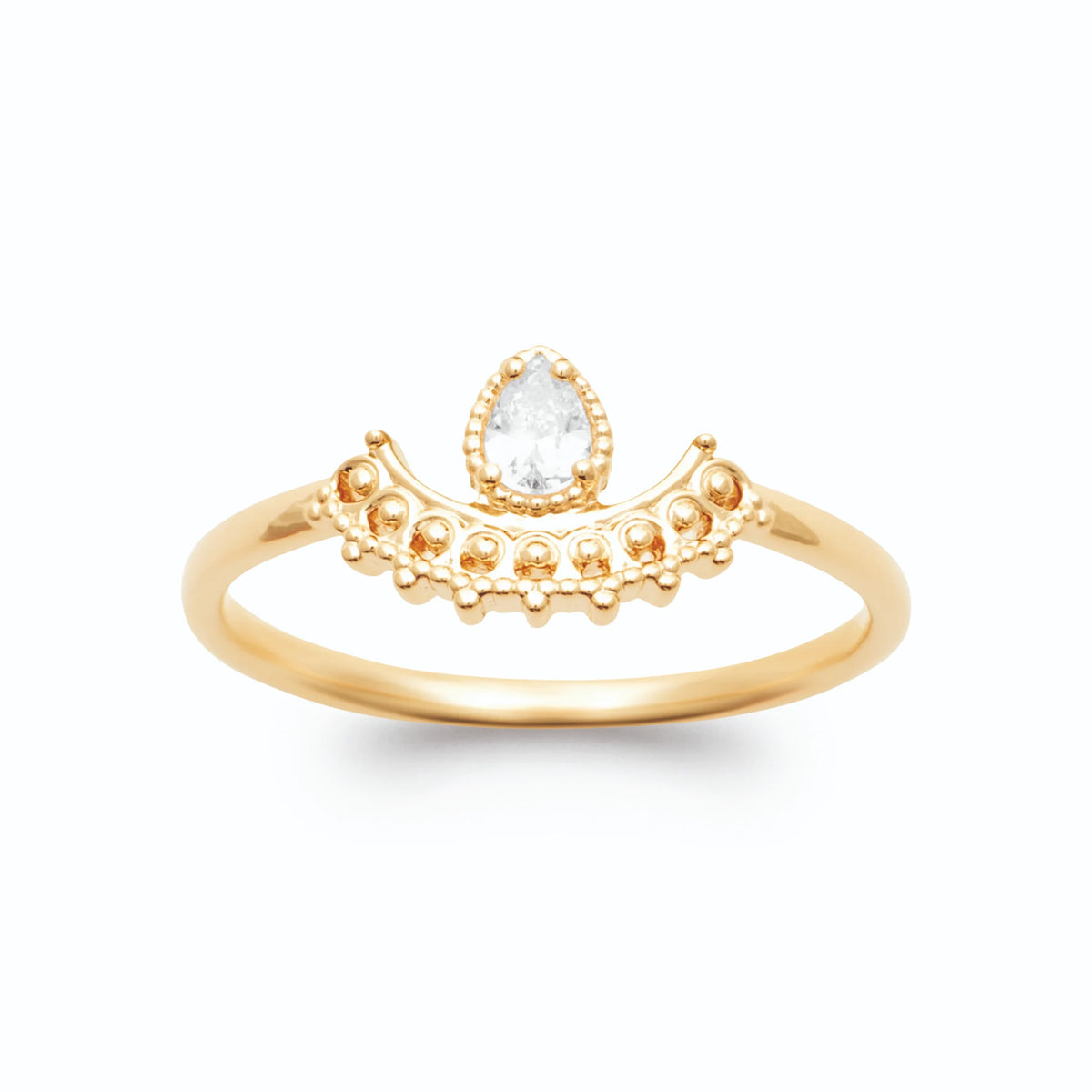 Bague arc de grains d’or en dentelle et zircon poire plaqué or, vue de face