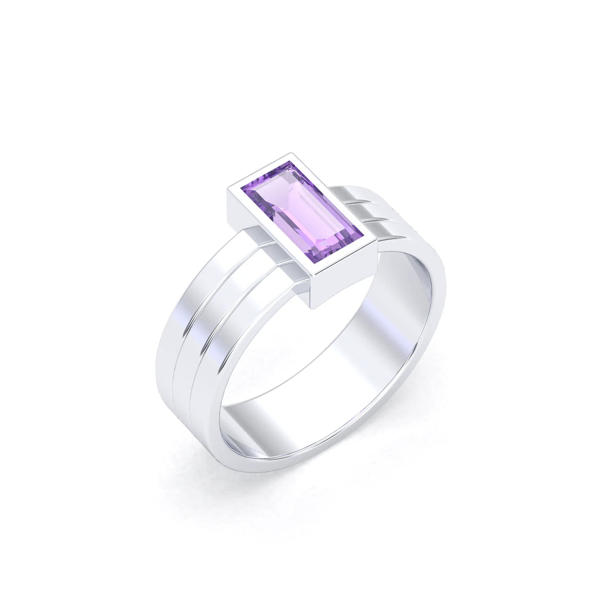Bague Art Déco Origine en argent 950 sertie d’une améthyste taille baguette, atelier Bajoia à Sèvres