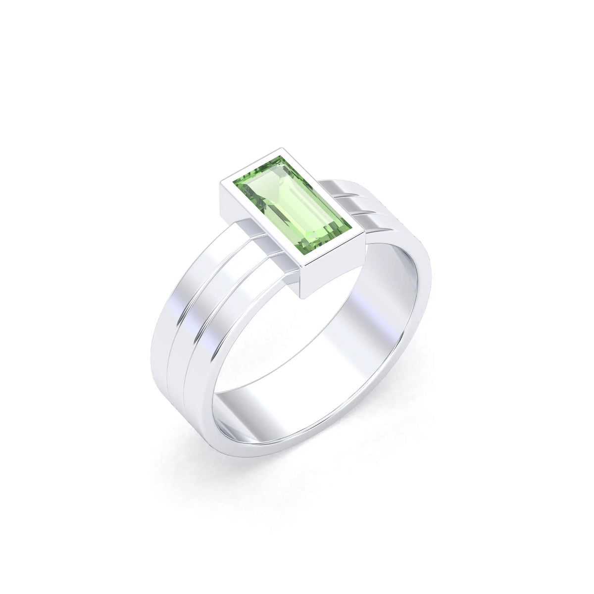 Pierre fine péridot taille baguette en serti clos sur bague Art Déco argent 950 Bajoia