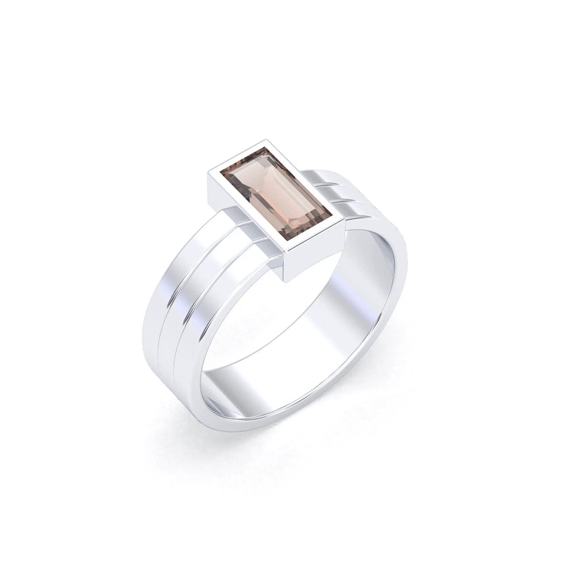 Bague argent 950 Art Déco sertie d’un quartz fumé brun taille baguette, atelier Bajoia