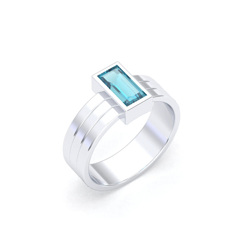 Bague Art Déco Origine en argent 950 avec topaze bleue taille baguette, idée cadeau Bajoia