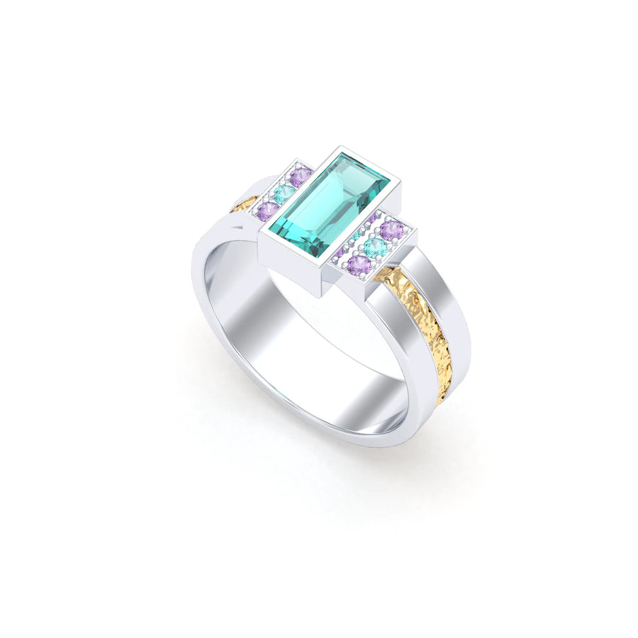 Bague de joaillerie en or blanc et or jaune 18 carats, vue de détail, fabriquée à l’atelier Bajoia de Sèvres