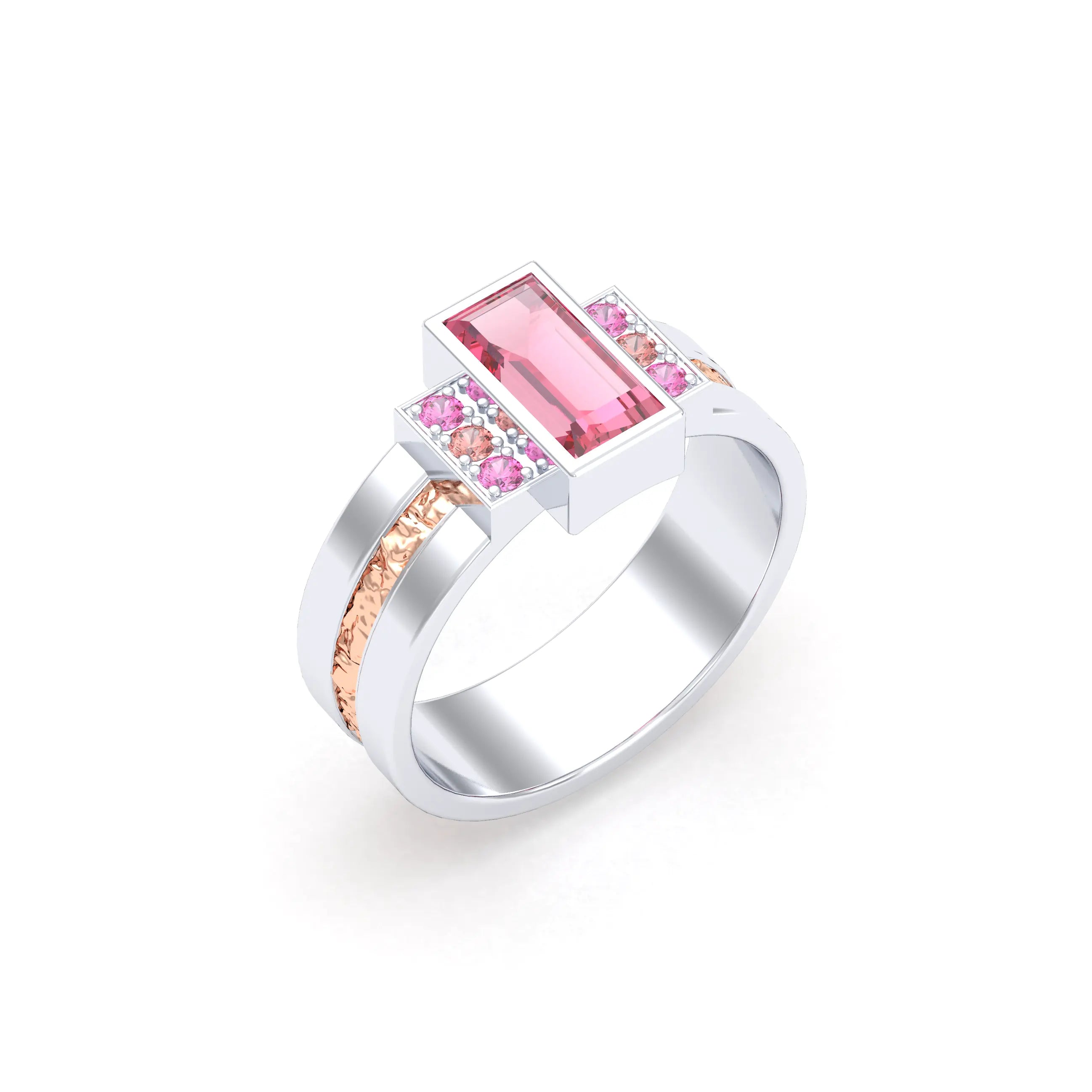 Bague Art Déco Or Bicolore, Saphirs et Tourmalines Or blanc - Intérieur or rose