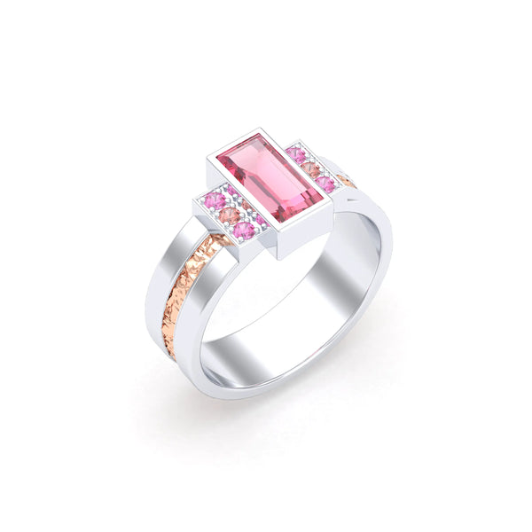Bague Art Déco Duo – bague femme bicolore en or blanc et or rose 18 carats, tourmaline rose