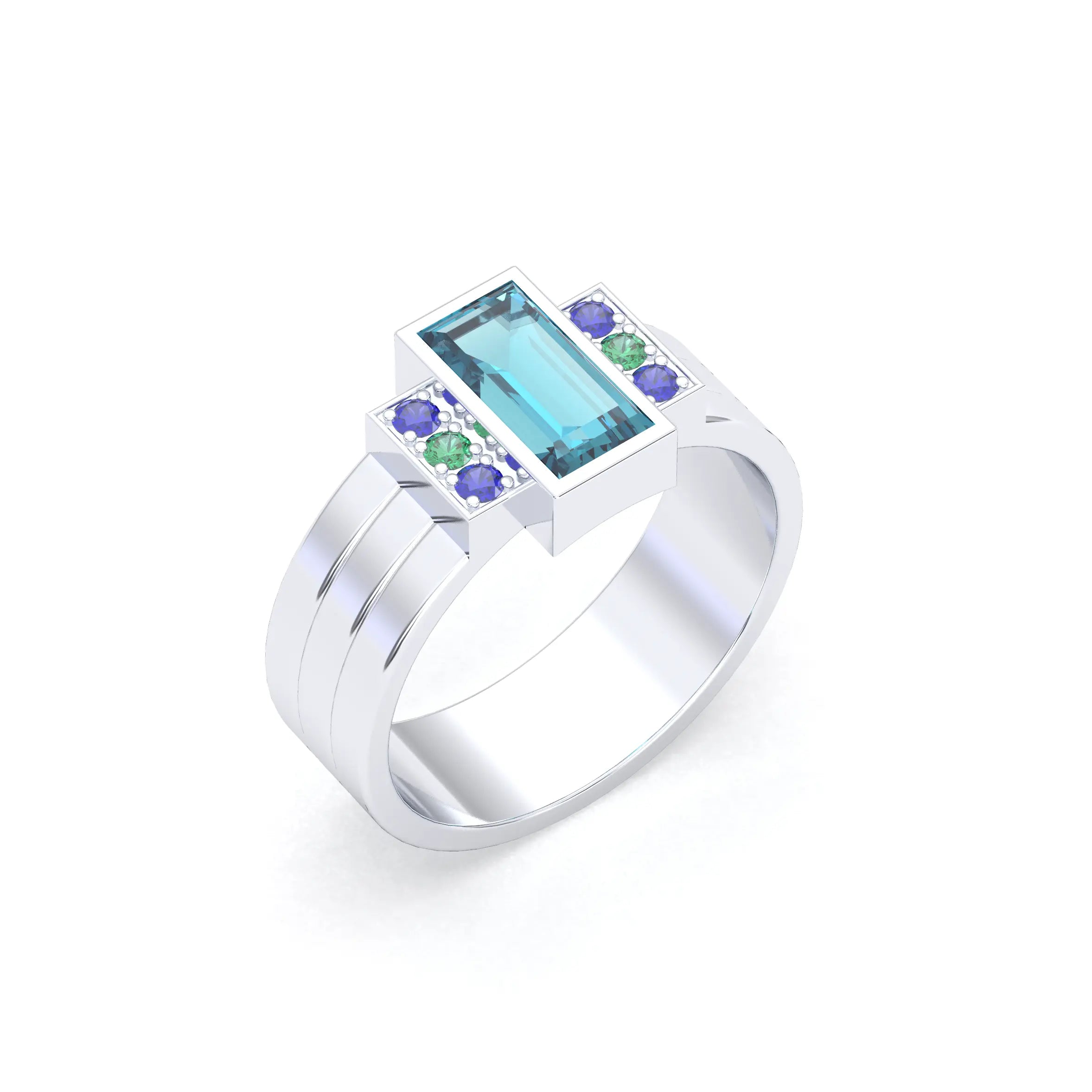 Bague Art Déco – Or Blanc 18k & Cascade de Pierres Précieuses Topaze