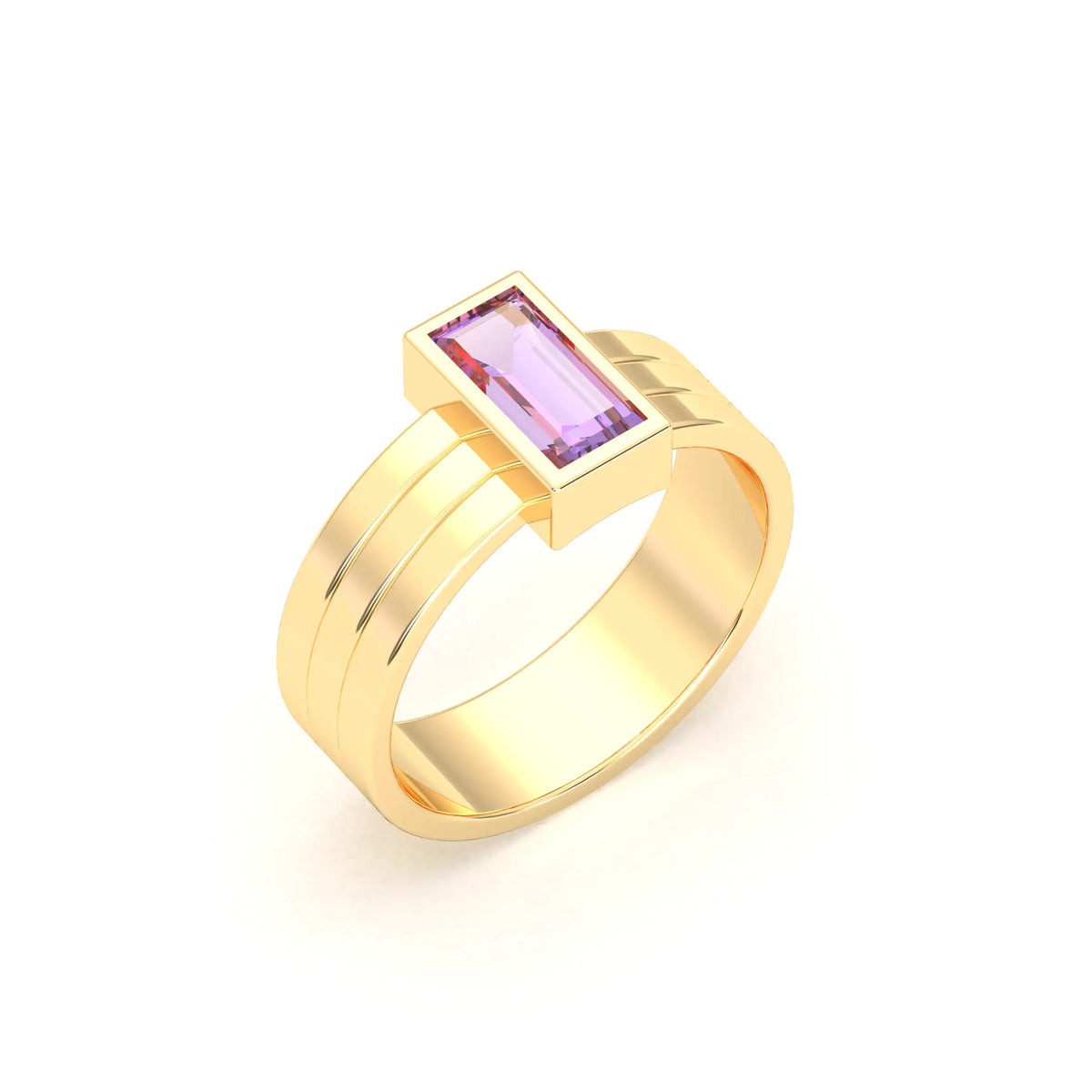 Bague Art Déco Origine en or jaune 18 carats sertie d’une améthyste taille baguette, atelier Bajoia à Sèvres