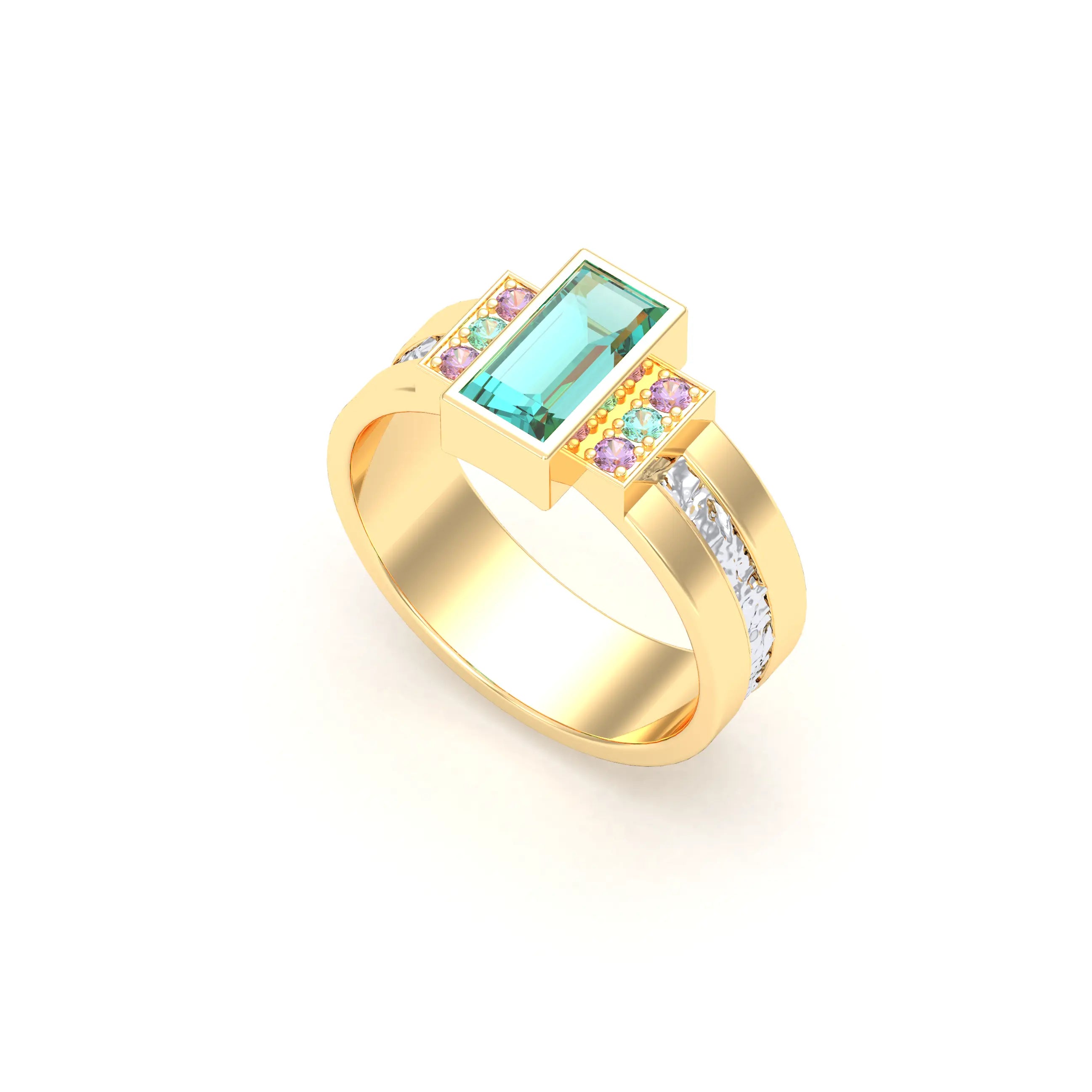 Bague Art Déco Or Bicolore, Saphirs et Tourmalines