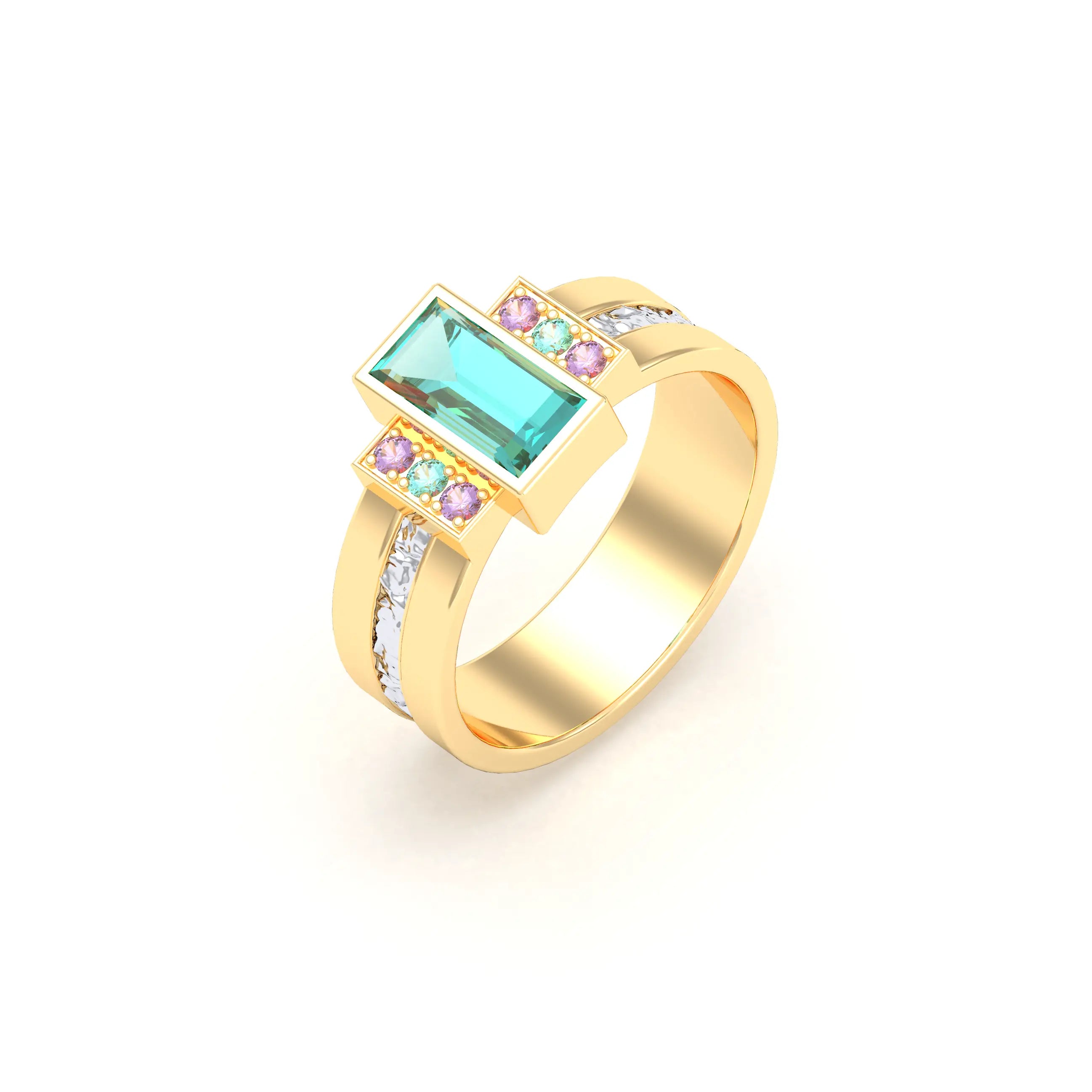 Bague Art Déco Or Bicolore, Saphirs et Tourmalines