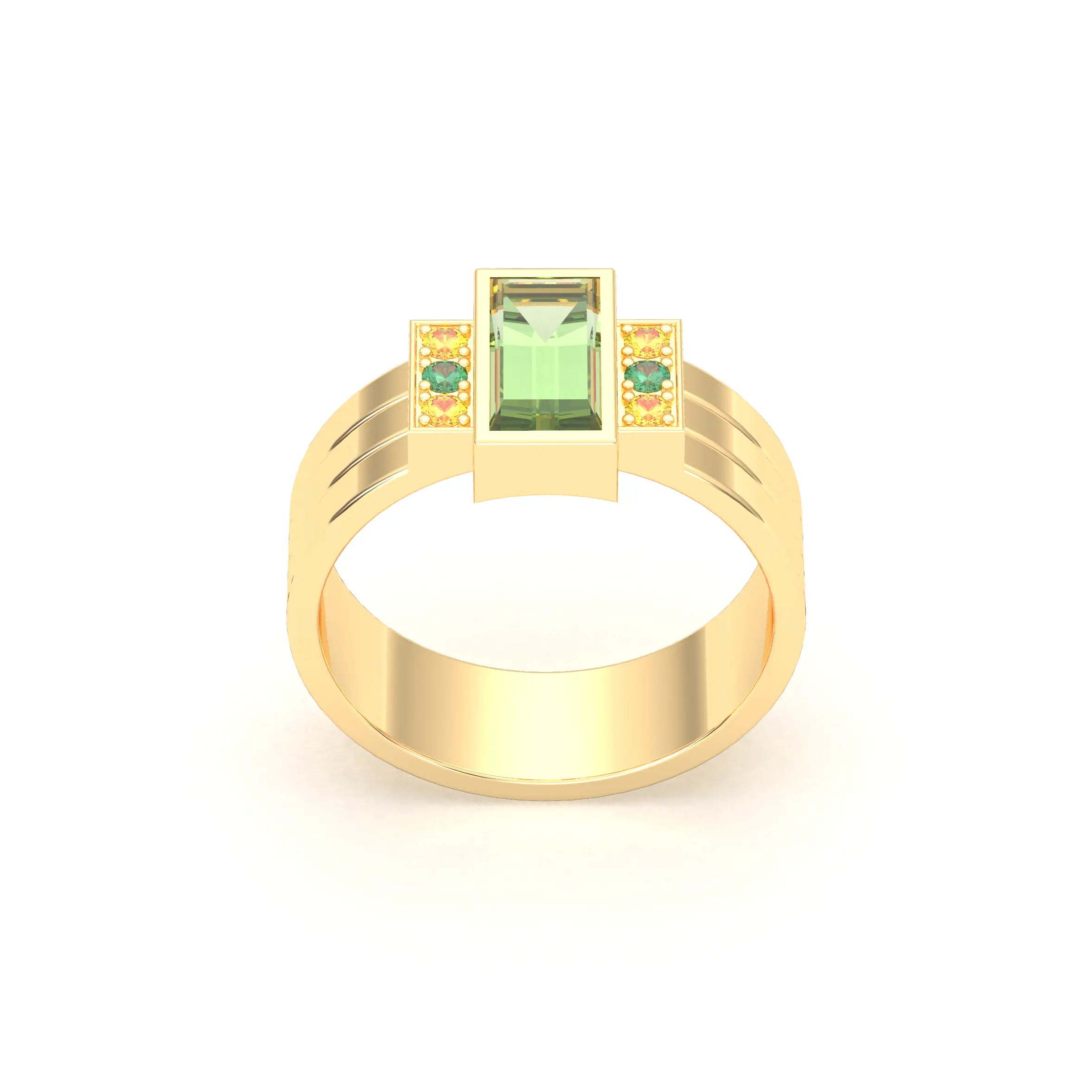 Bague Art Déco – Or Jaune 18 carats - Pierre fine & Cascade de Pierres Précieuses