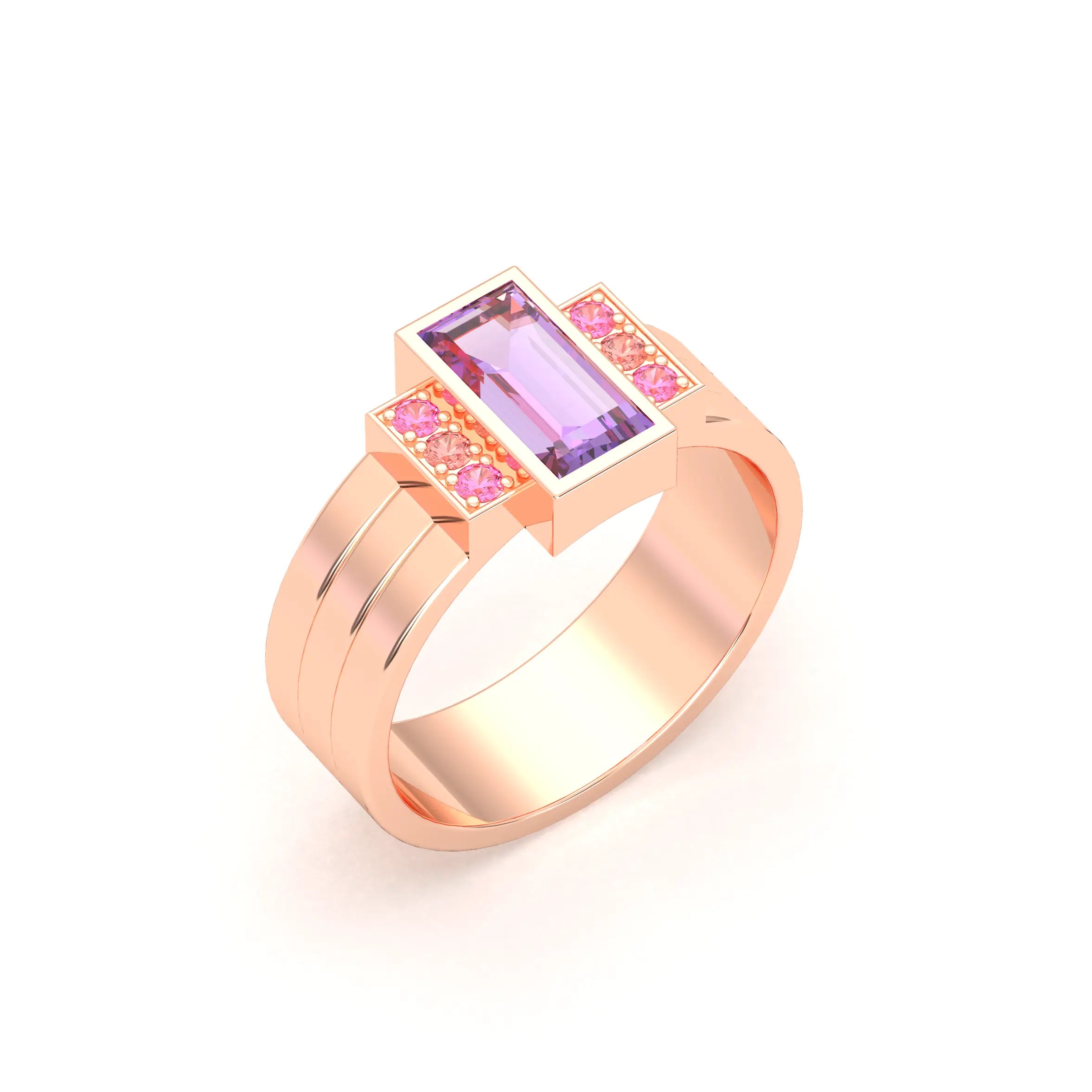 Bague Art Déco – Or Rose 18k & Cascade de Pierres Précieuses Améthyste