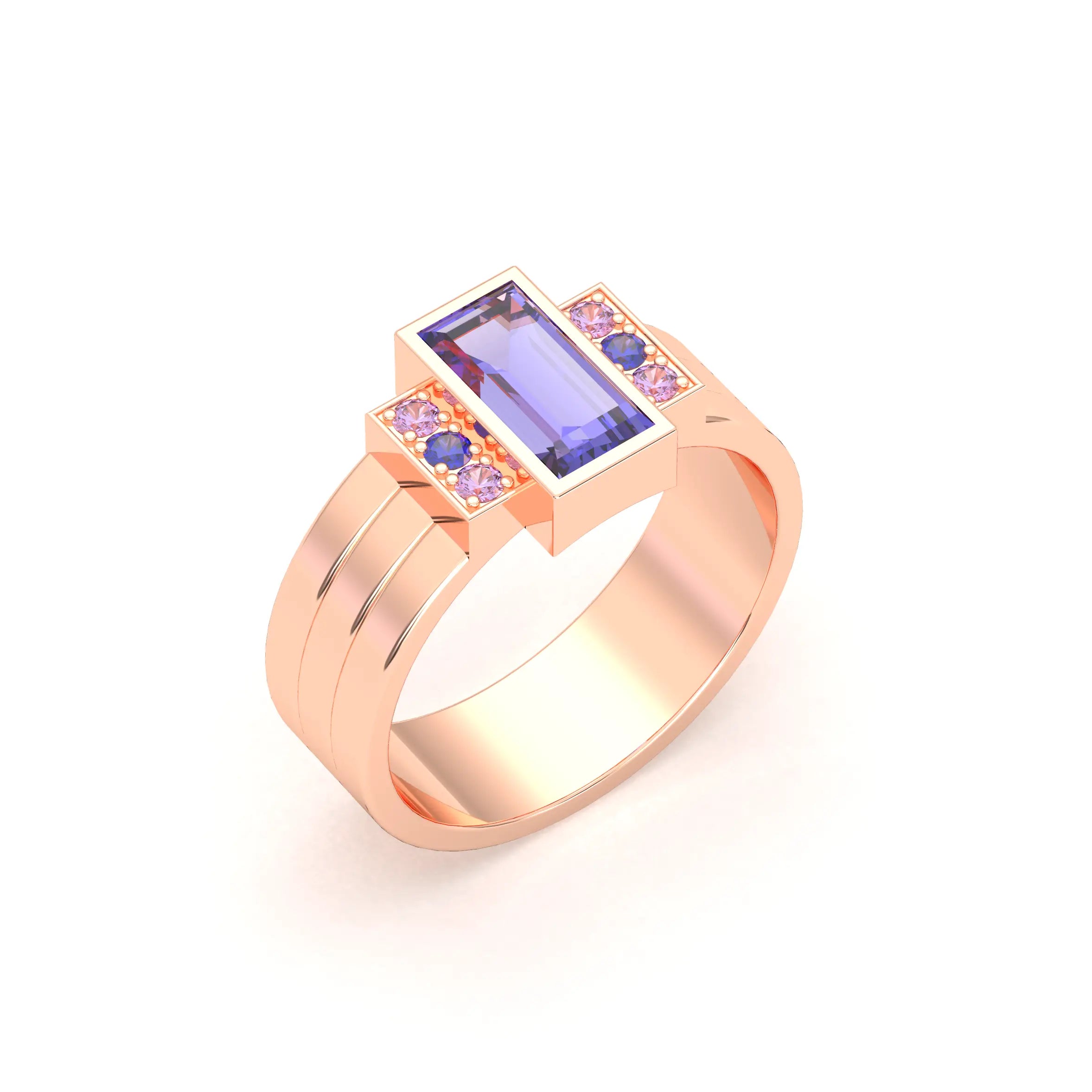 Bague Art Déco – Or Rose 18k & Cascade de Pierres Précieuses Iolite