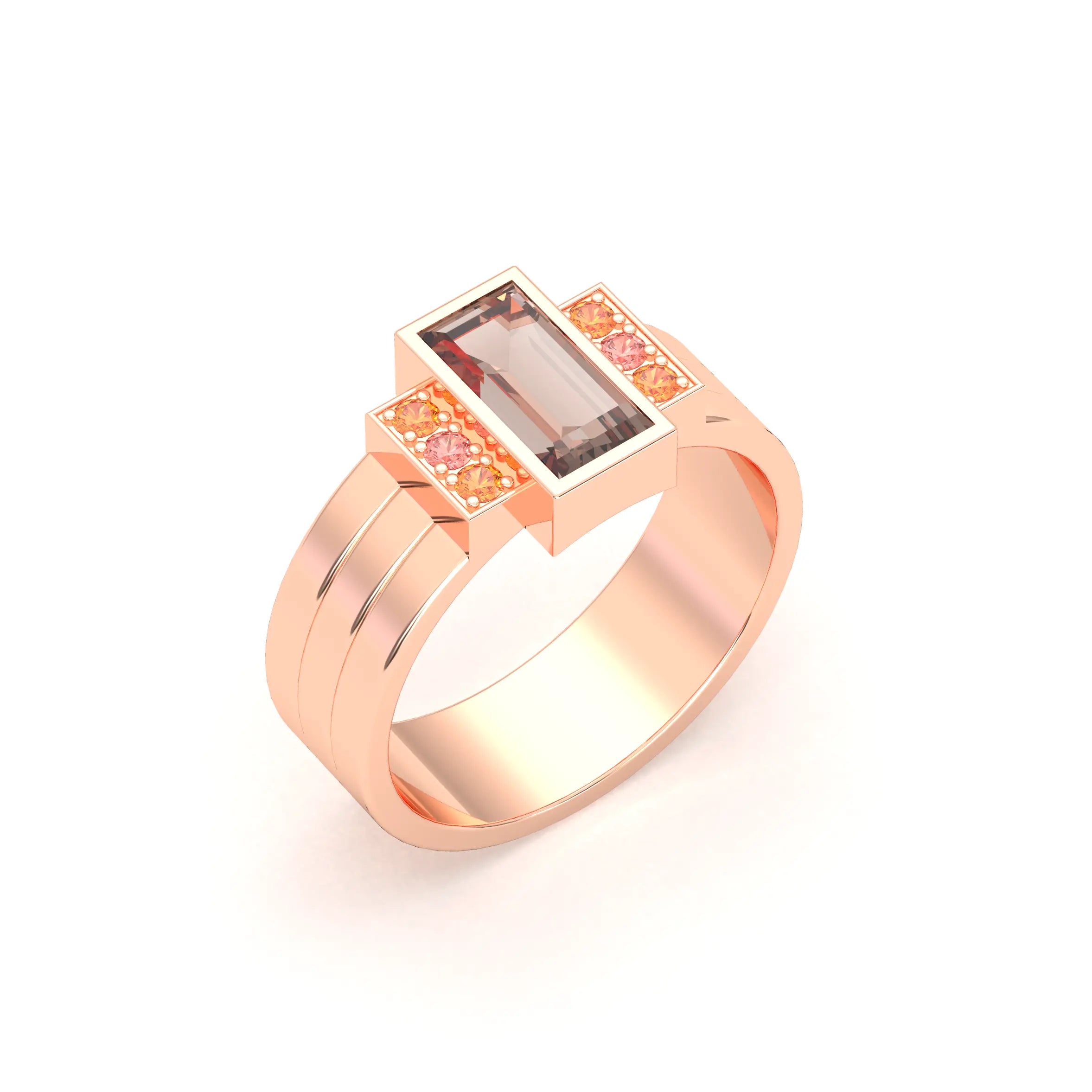 Bague Art Déco – Or Rose 18k & Cascade de Pierres Précieuses Quartz fumé