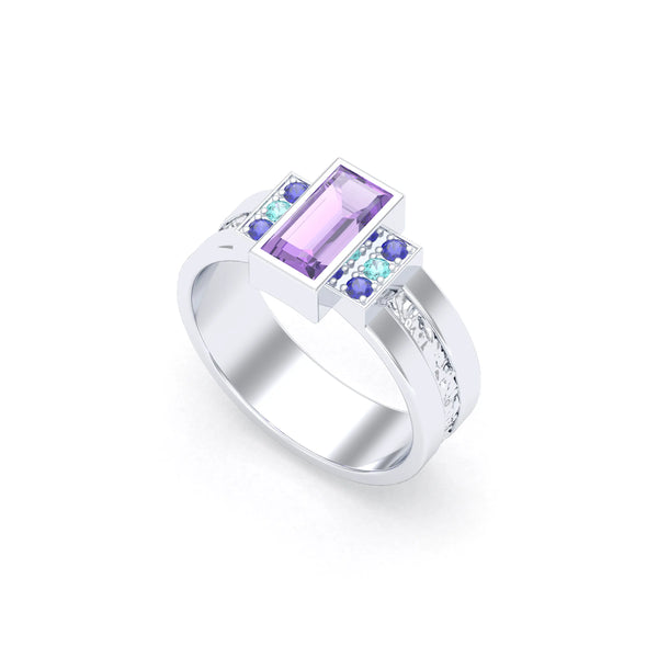 Bague Art Déco Relief – bague femme en or blanc 18 carats, pierres fines et précieuses au choix, autre vue