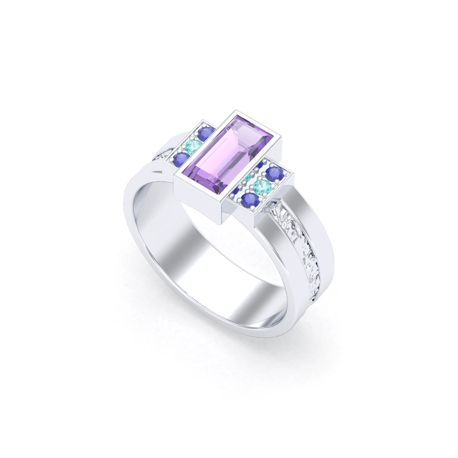 Bague de joaillerie en or blanc 18 carats, vue de détail, fabriquée à l’atelier Bajoia de Sèvres