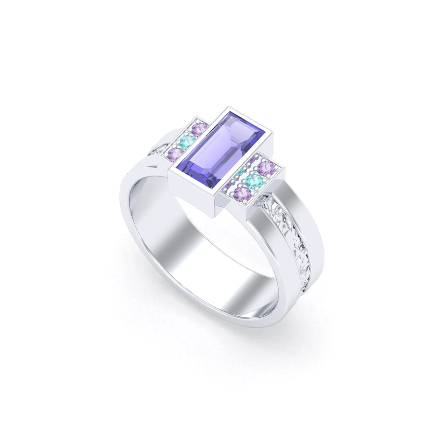 Bague de joaillerie en or blanc 18 carats, vue de détail, fabriquée à l’atelier Bajoia de Sèvres