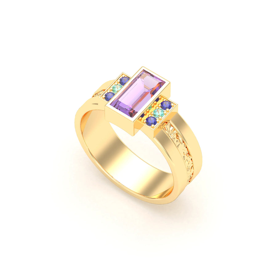 Bague de joaillerie en or jaune 18 carats, vue de détail, fabriquée à l’atelier Bajoia de Sèvres