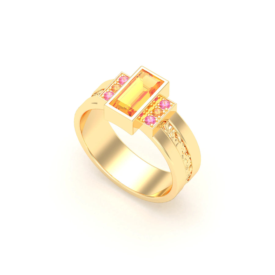 Bague de joaillerie en or jaune 18 carats, vue de détail, fabriquée à l’atelier Bajoia de Sèvres