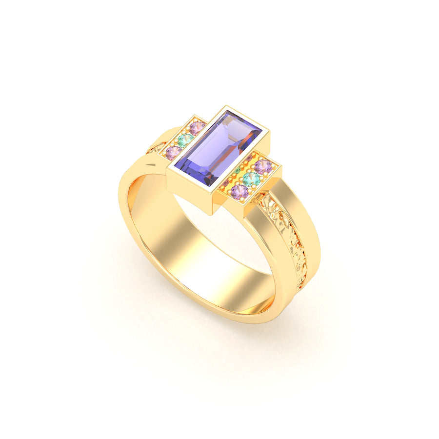 Bague de joaillerie en or jaune 18 carats, vue de détail, fabriquée à l’atelier Bajoia de Sèvres