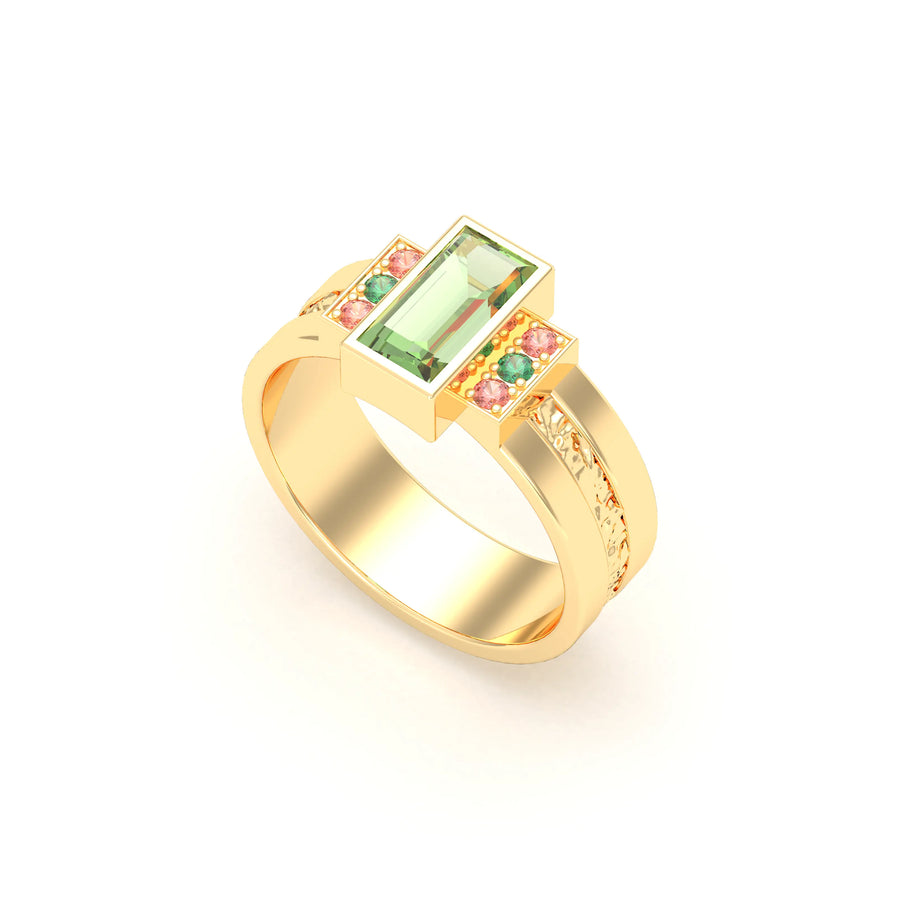 Bague de joaillerie en or jaune 18 carats, vue de détail, fabriquée à l’atelier Bajoia de Sèvres